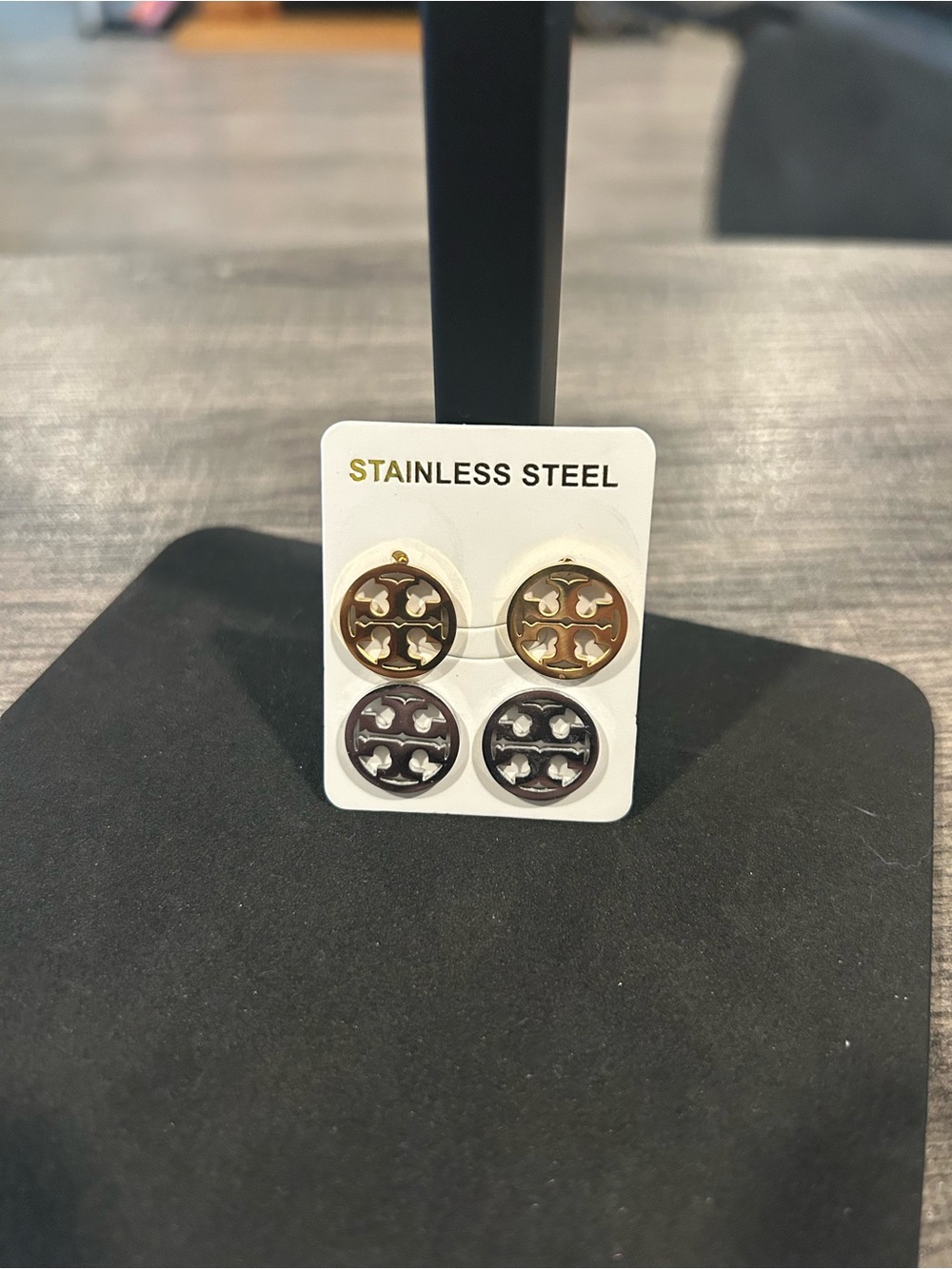 Stainless Steel Round Cutout Earrings - Gold and Brown